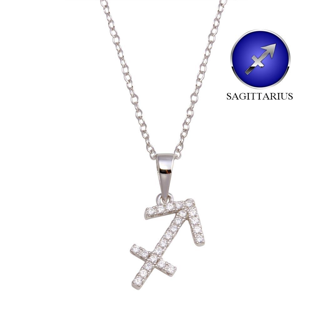 Rhodium Plated 925 Sterling Silver Sagittarius CZ Zodiac Sign Necklace - BGP01330