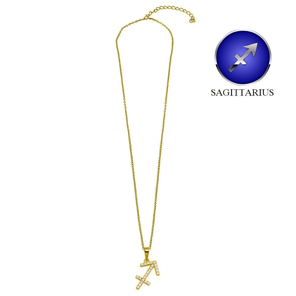 Gold Plated 925 Sterling Silver Sagittarius CZ Zodiac Sign Necklace - BGP01330GP