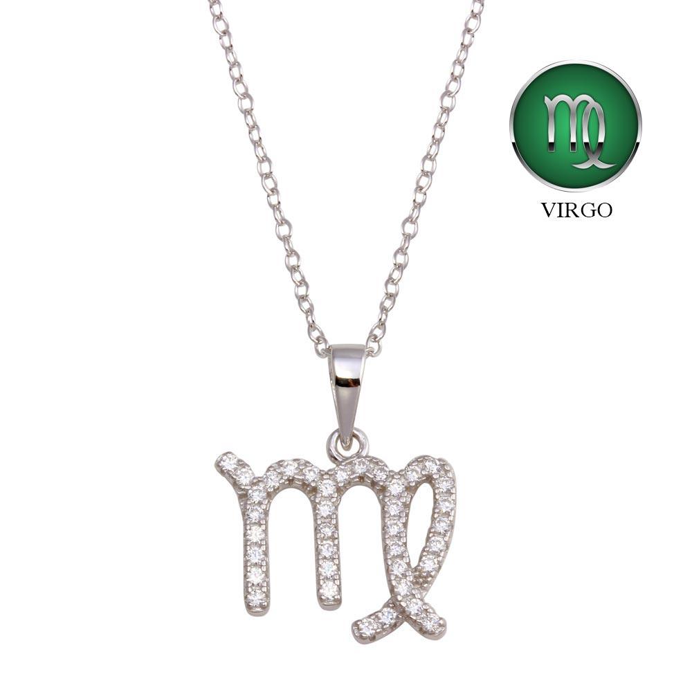 Rhodium Plated 925 Sterling Silver Virgo CZ Zodiac Sign Necklace - BGP01331