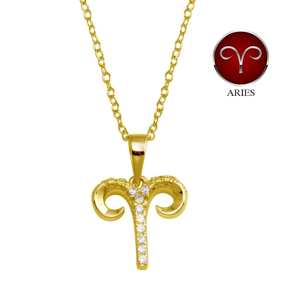 Gold Plated 925 Sterling Silver Aries CZ Zodiac Sign Necklace - BGP01333GP