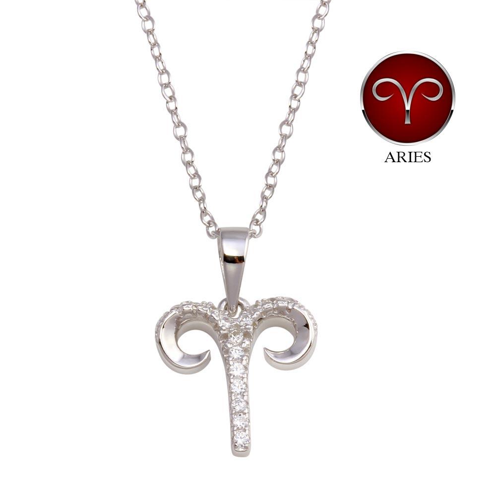 Rhodium Plated 925 Sterling Silver Aries CZ Zodiac Sign Necklace - BGP01333