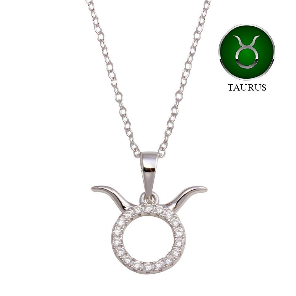 Rhodium Plated 925 Sterling Silver Taurus CZ Zodiac Sign Necklace - BGP01334