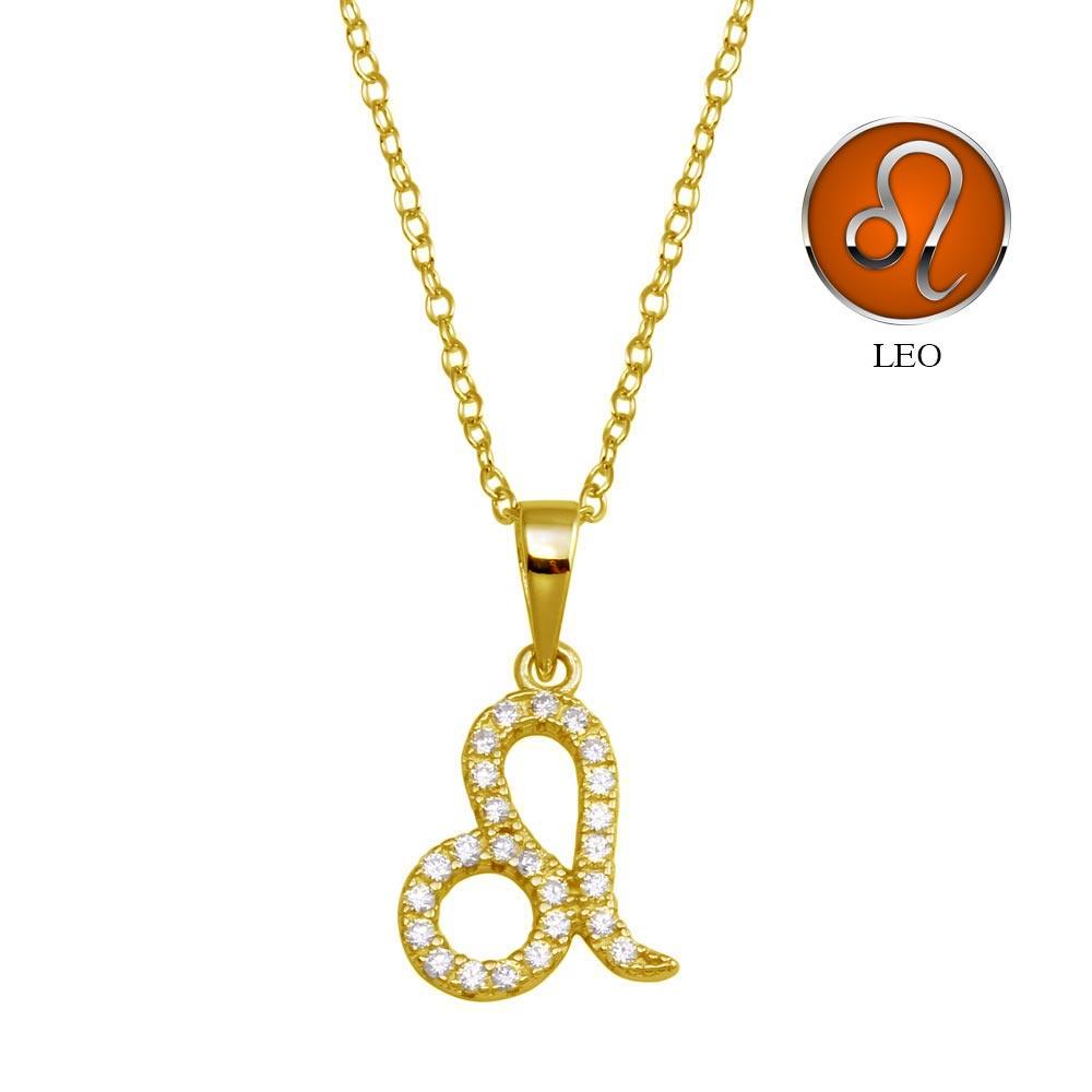 Gold Plated 925 Sterling Silver Leo CZ Zodiac Sign Necklace - BGP01336GP