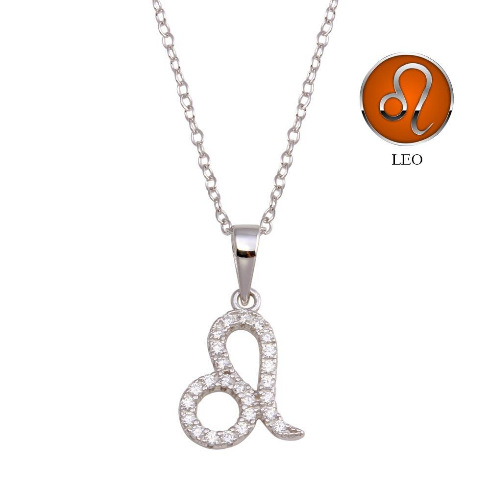 Rhodium Plated 925 Sterling Silver Leo CZ Zodiac Sign Necklace - BGP01336