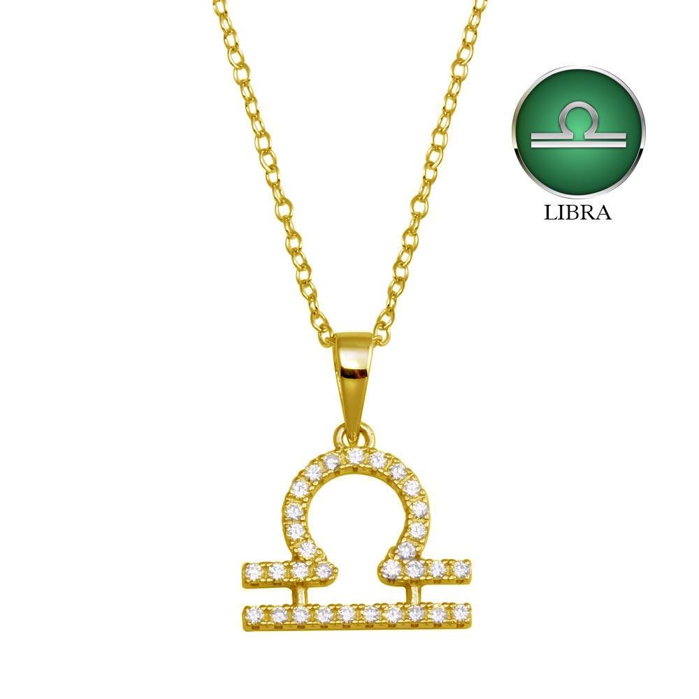 Gold Plated 925 Sterling Silver Libra CZ Zodiac Sign Necklace - BGP01337GP