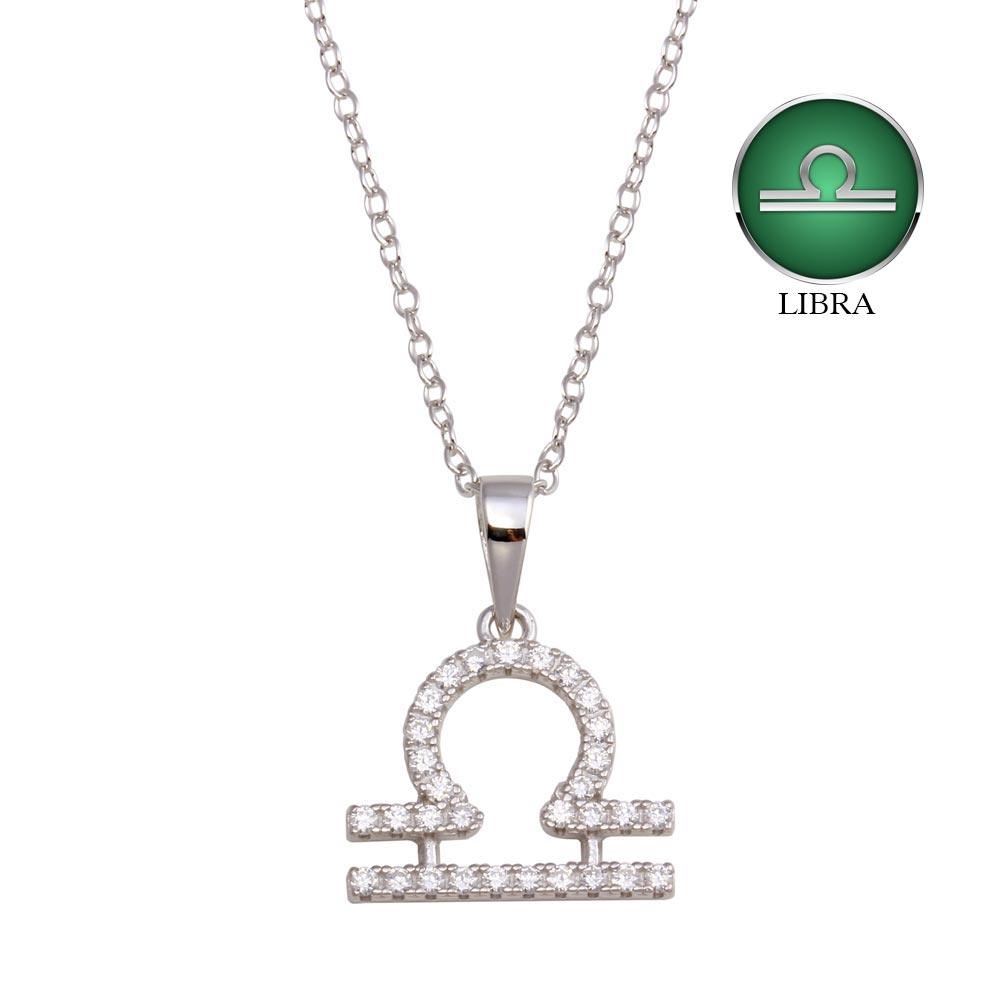 Rhodium Plated 925 Sterling Silver Libra CZ Zodiac Sign Necklace - BGP01337