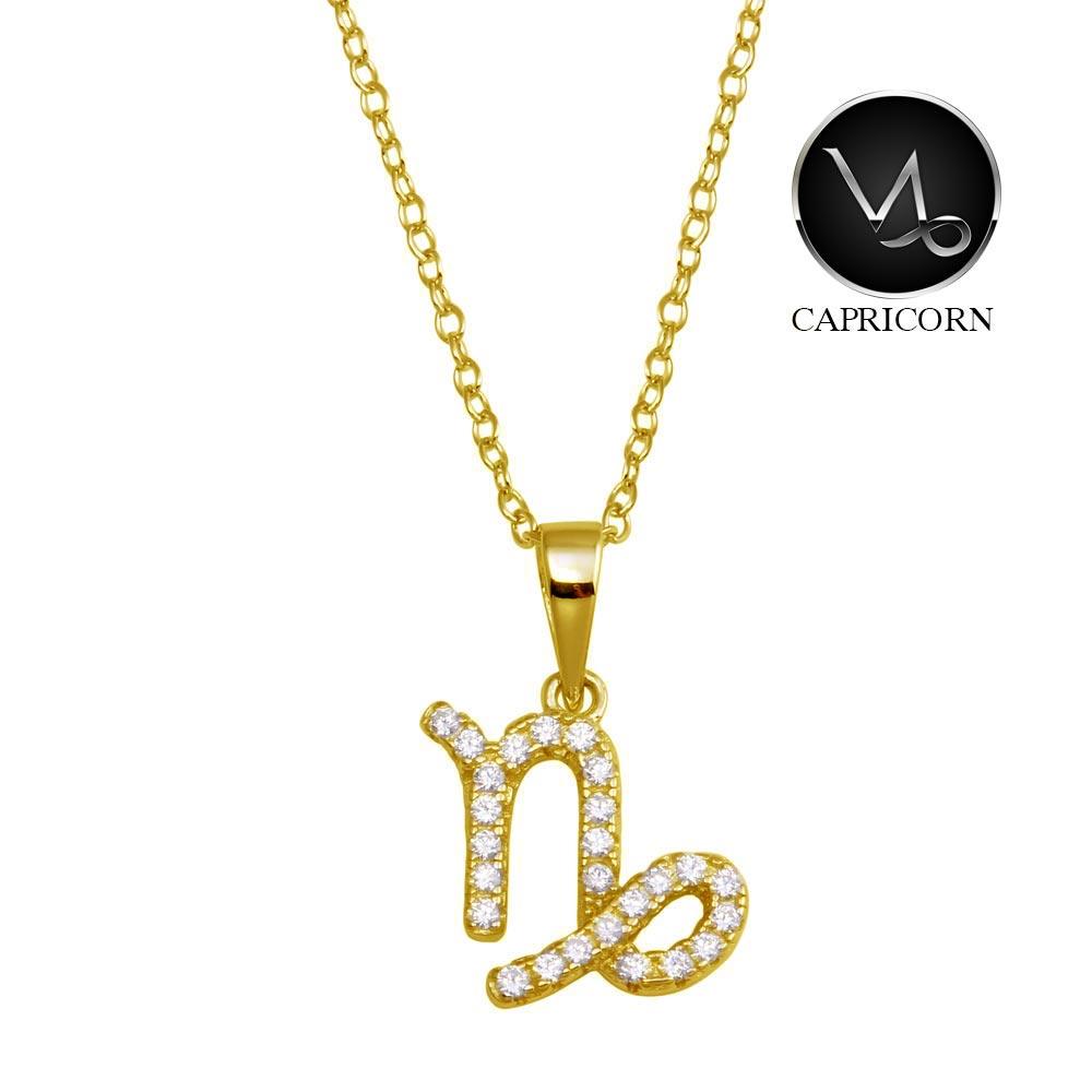 Gold Plated 925 Sterling Silver Capricorn CZ Zodiac Sign Necklace - BGP01339GP