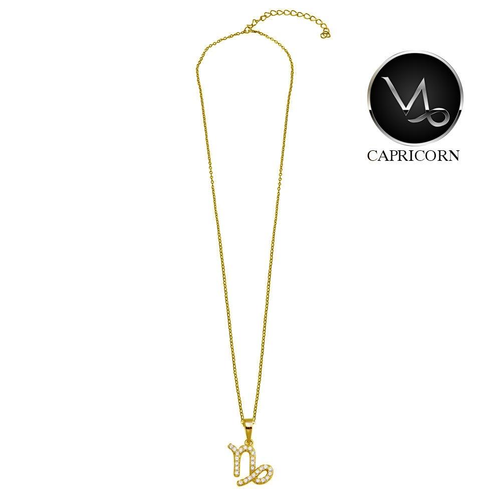 Gold Plated 925 Sterling Silver Capricorn CZ Zodiac Sign Necklace - BGP01339GP