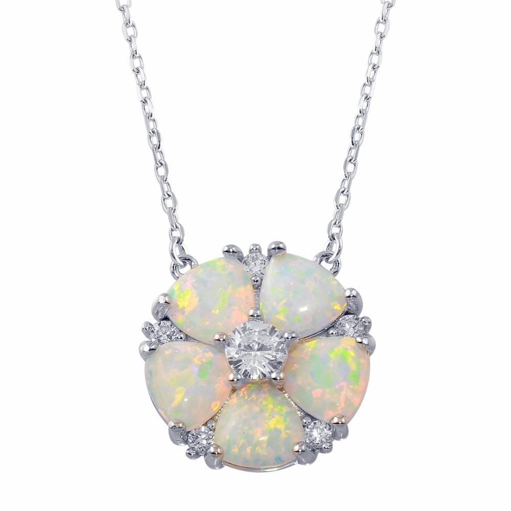 Rhodium Plated 925 Sterling Silver Opal and CZ Round Flower Necklace - BGP01342