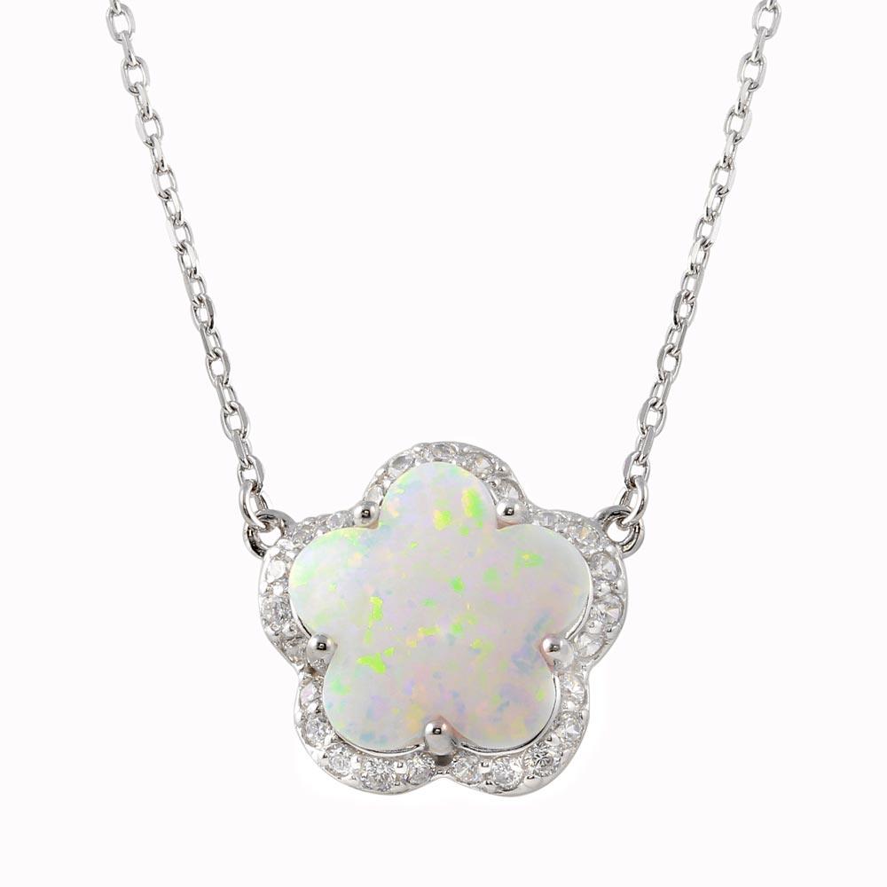 Rhodium Plated 925 Sterling Silver Opal and CZ Flower Necklace - BGP01343