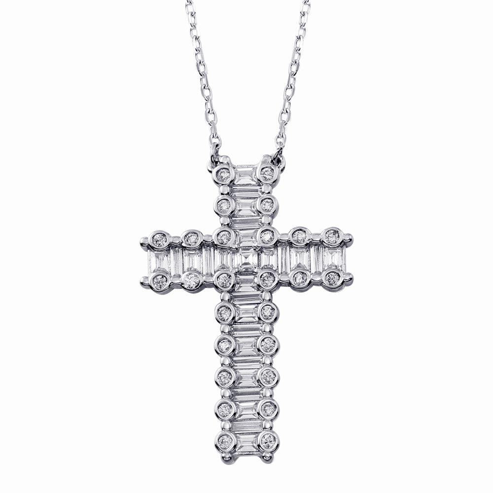 Rhodium Plated 925 Sterling Silver CZ Cross Necklace -BGP01346