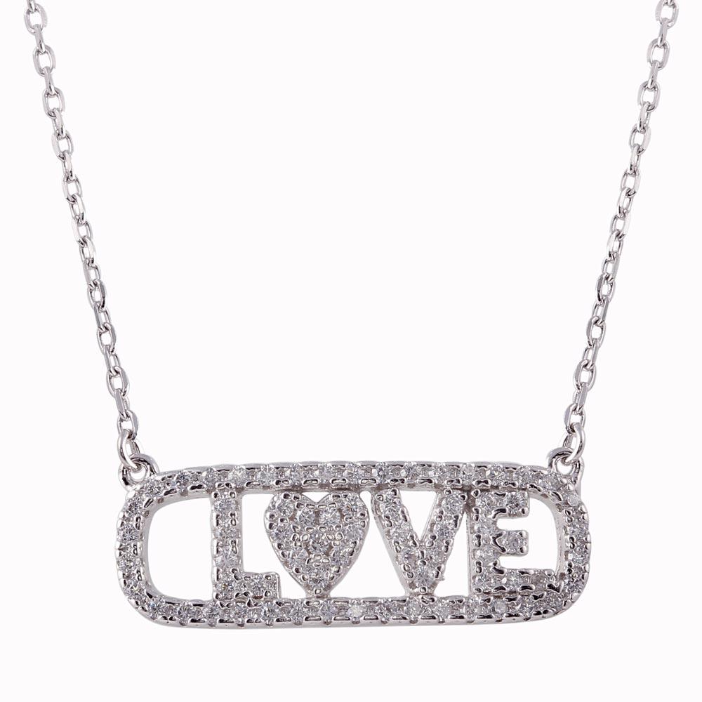 Rhodium Plated 925 Sterling Silver CZ Word Tag Necklace "LOVE" - BGP01347