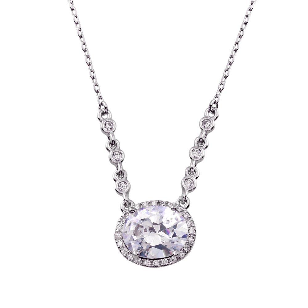 Rhodium Plated 925 Sterling Silver Floating Halo Oval CZ Necklace - BGP01348