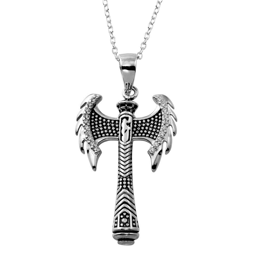 Rhodium Plated 925 Sterling Silver Viking Axe CZ Necklace - BGP01349