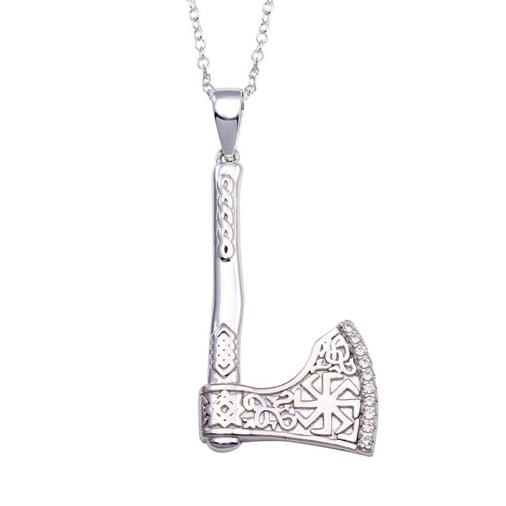 Rhodium Plated 925 Sterling Silver Indian Axe CZ Necklace - BGP01351