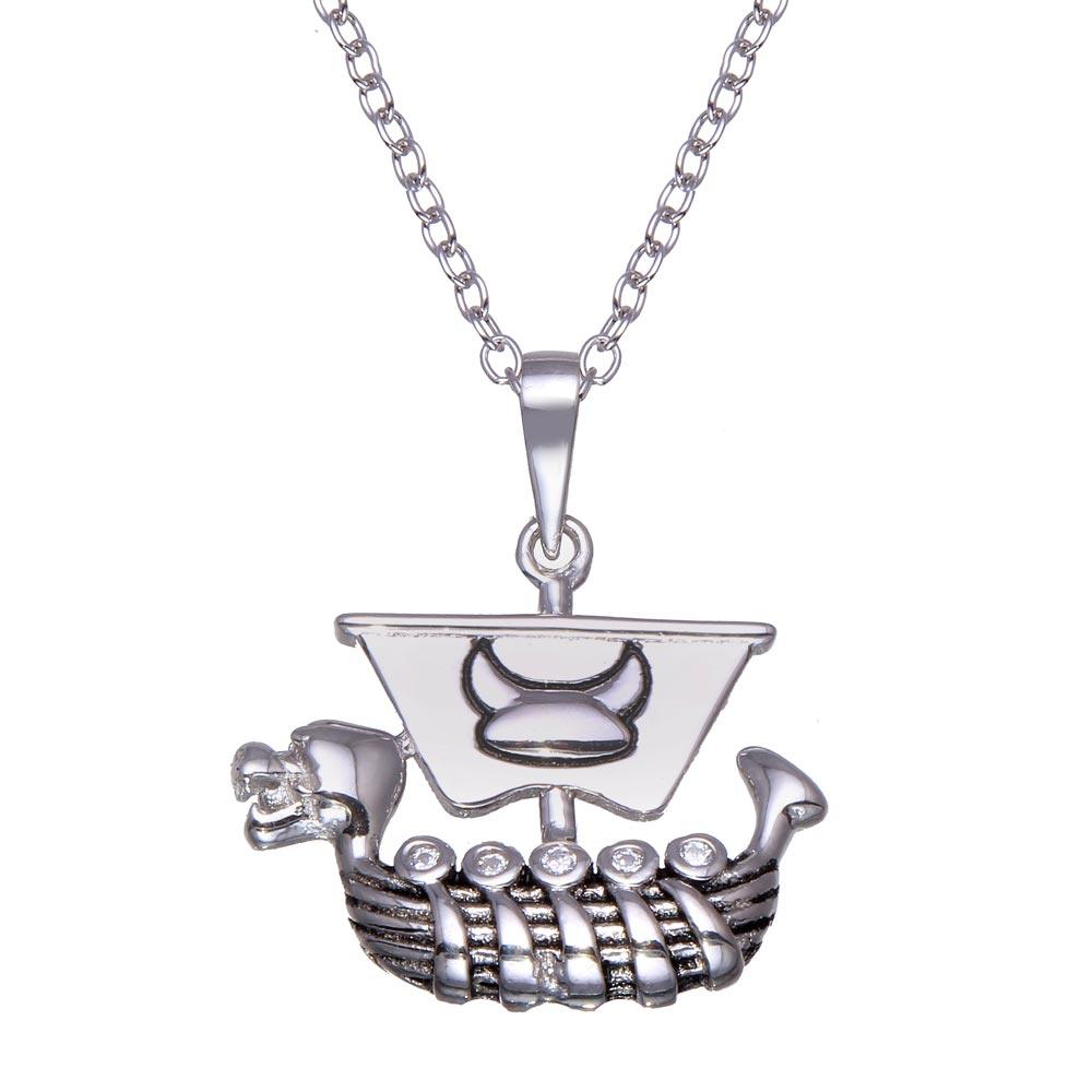 Rhodium Plated 925 Sterling Silver Viking Ship Necklace - BGP01357