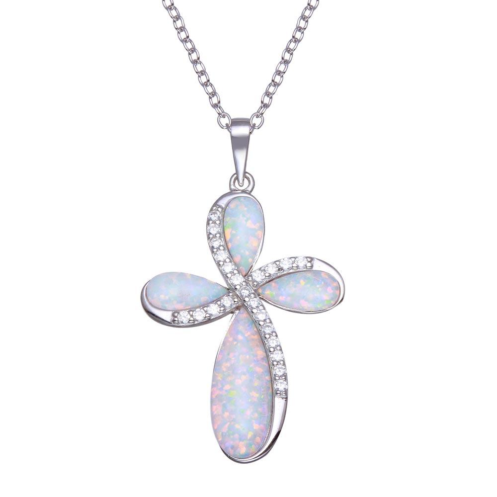 Rhodium Plated 925 Sterling Silver Opal Clear CZ Cross Necklace - BGP01358