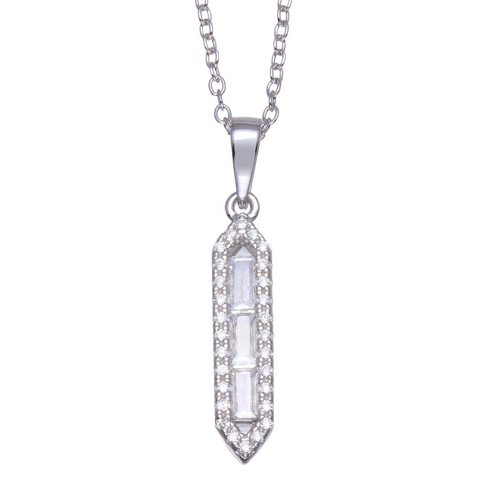 Rhodium Plated 925 Sterling Silver Baguette Vertical Bar CZ Necklace - BGP01362