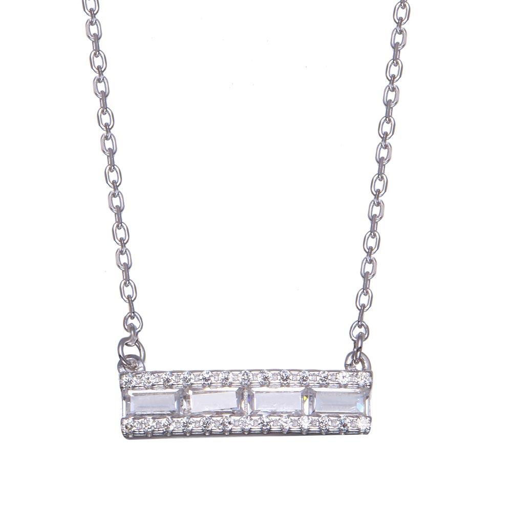 Rhodium Plated 925 Sterling Silver Baguette Horizontal Bar CZ Necklace - BGP01363