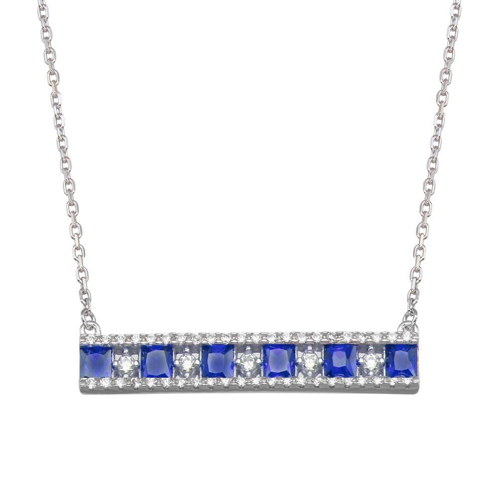 Rhodium Plated 925 Sterling Silver Horizontal Bar Blue CZ Necklace - BGP01368BLU