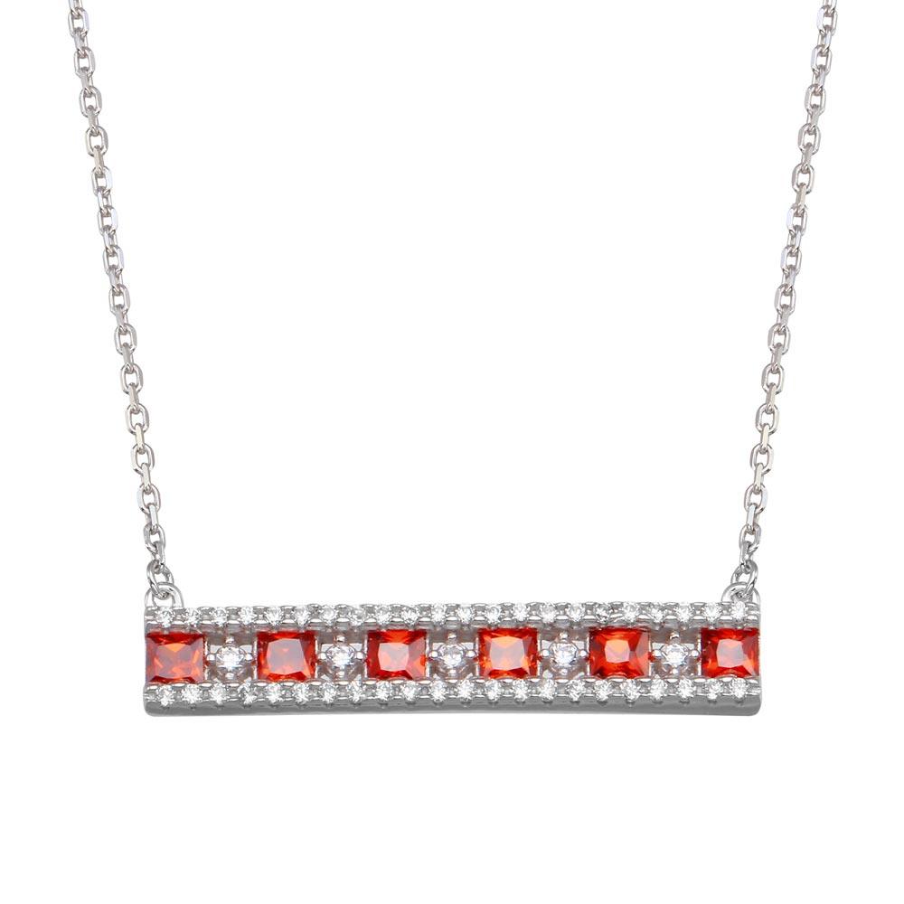 Rhodium Plated 925 Sterling Silver Horizontal Bar Red CZ Necklace - BGP01368RED