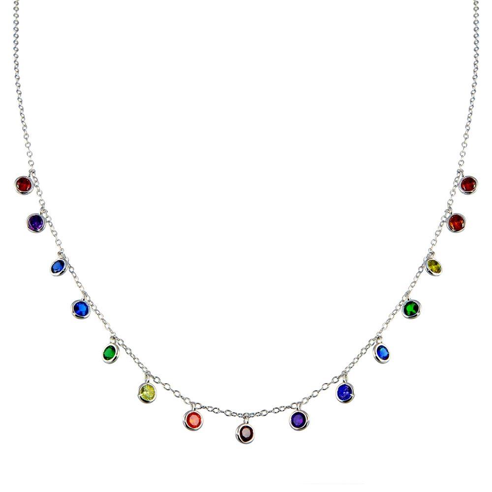 Rhodium Plated 925 Sterling Silver Multi Color CZ Necklace - BGP01370