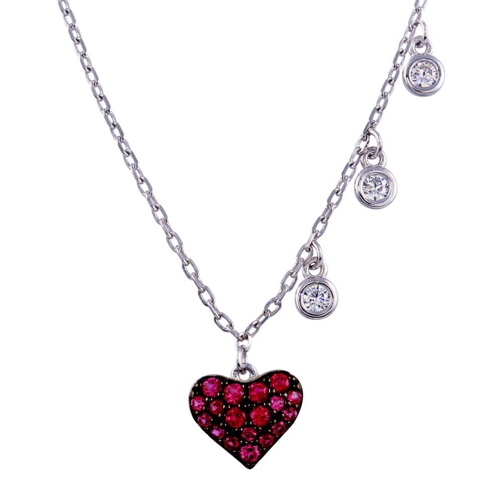 Rhodium Plated 925 Sterling Silver Dark Pink CZ Heart Necklace - BGP01371