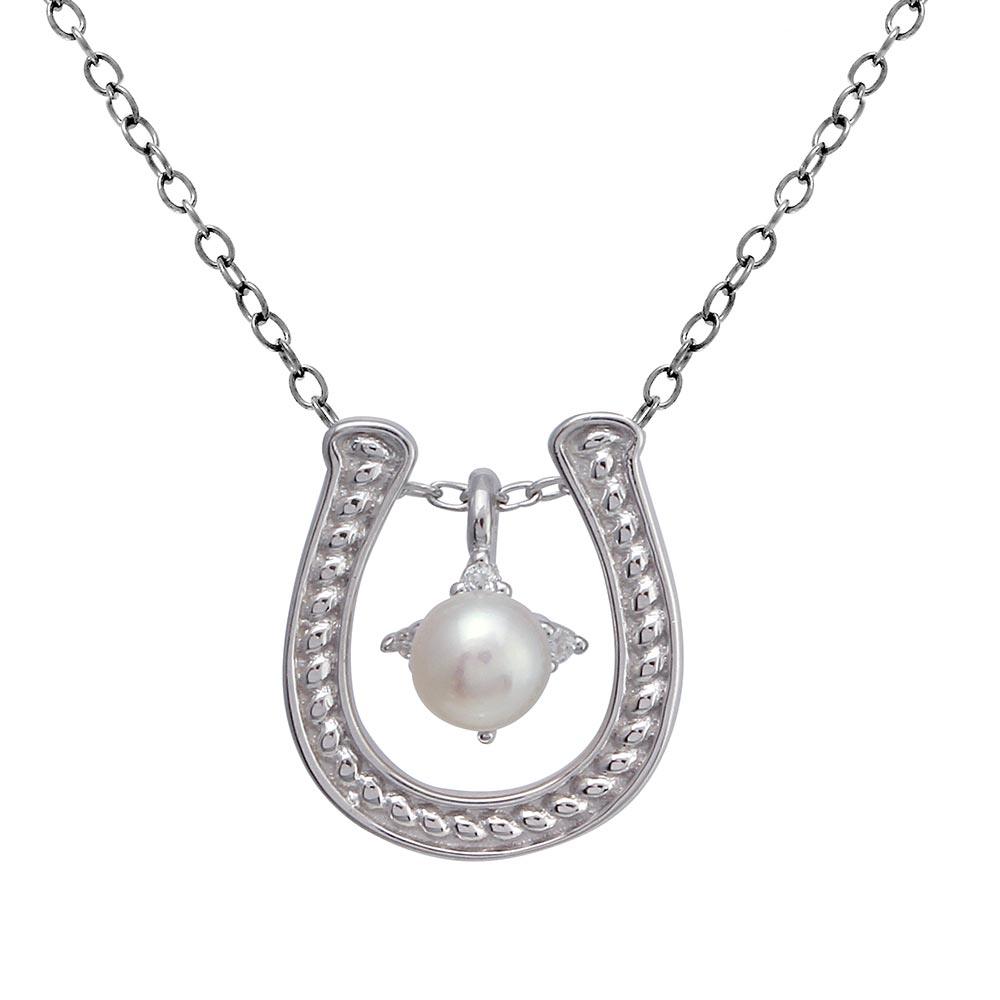 925 Sterling Silver Clear Rhodium Plated Horse Shoe Pearl Center Necklace - BGP01374