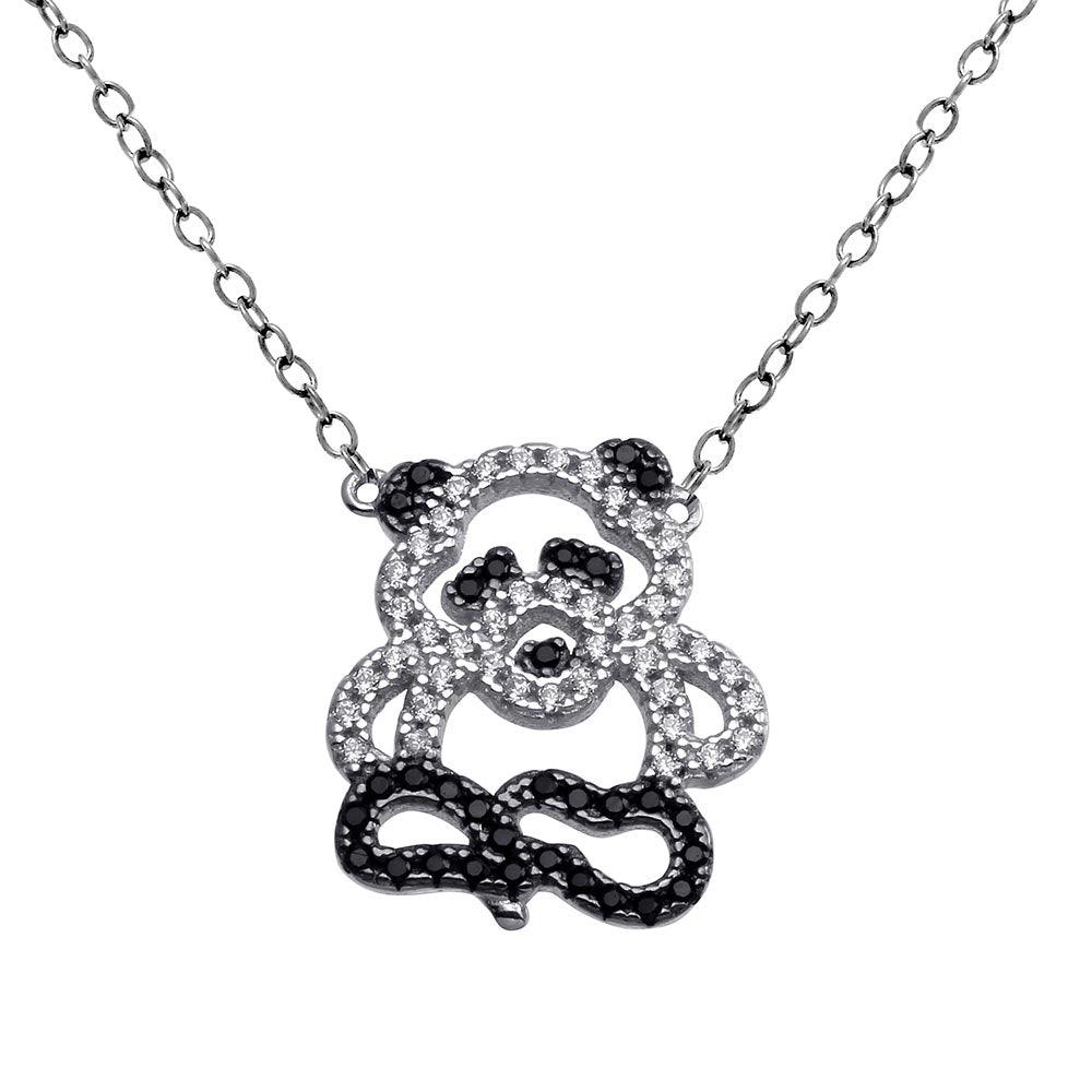 Rhodium Plated 925 Sterling Silver Black and Clear Outline CZ Panda Bear Necklace - BGP01375