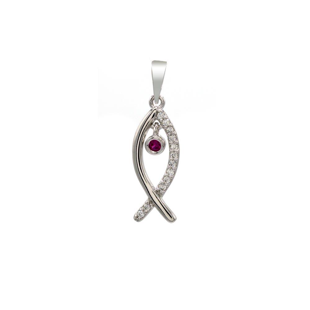 Rhodium Plated 925 Sterling Silver Fish Pendant with Clear and Pink CZ - BGP01378