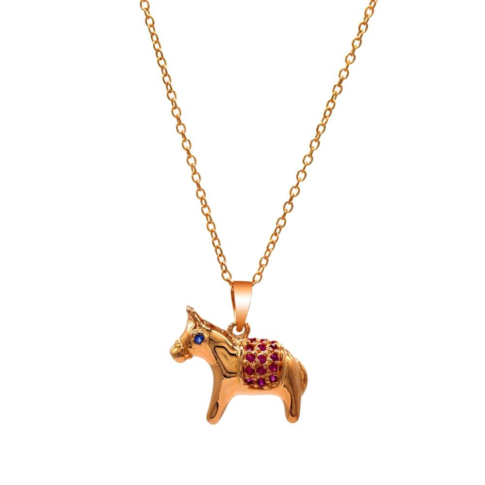 Rose Gold Plated 925 Sterling Silver Donkey Pendant Necklace with Pink and Blue CZ Stones - BGP01379