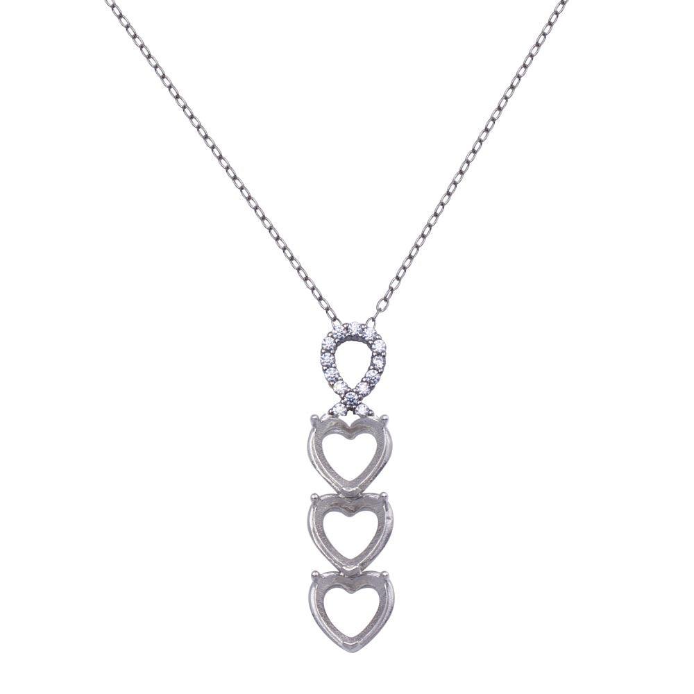 Rhodium Plated 925 Sterling Silver CZ Drop Down Heart Mounting Necklace - BGP01384