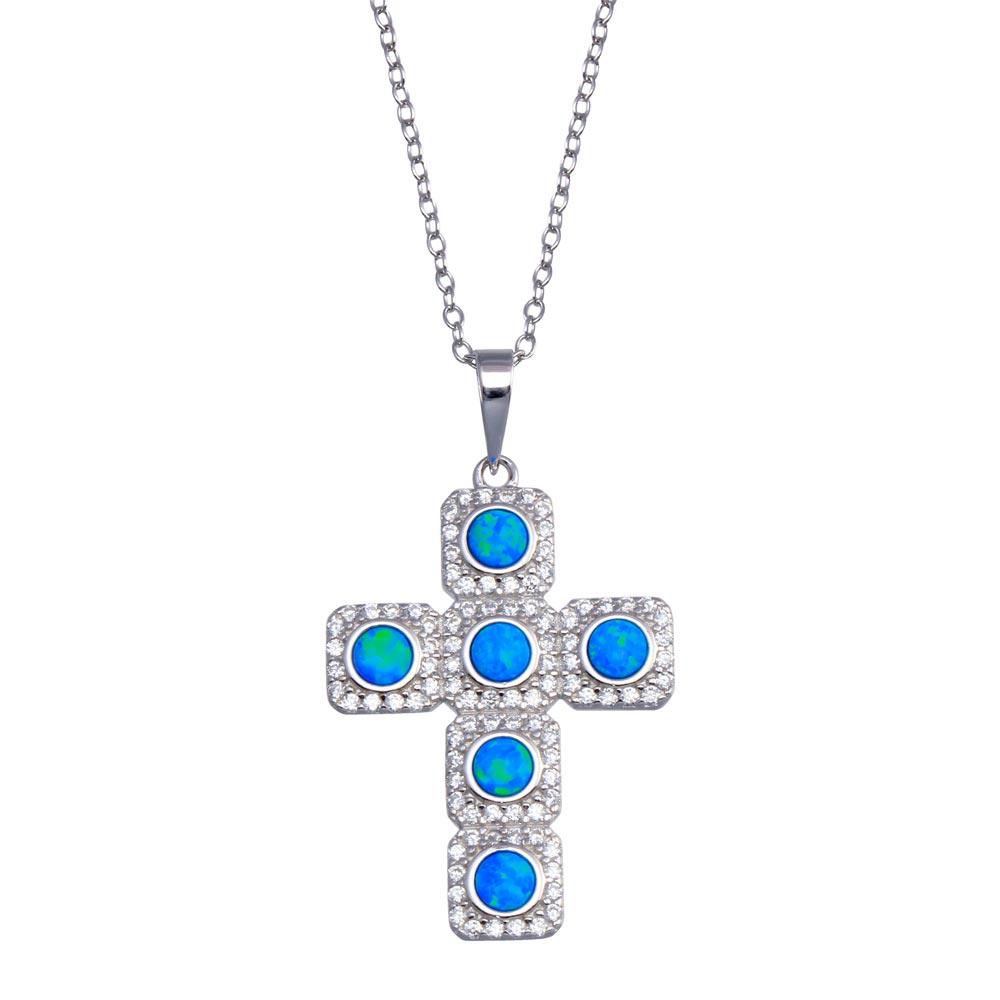 925 Sterling Silver  Rhodium Plated Cross Blue and Clear CZ Necklace - BGP01386