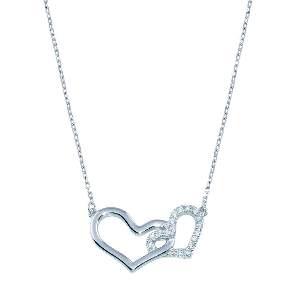 Rhodium Plated 925 Sterling Silver Double CZ Heart Necklace - BGP01396