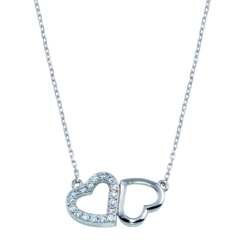 Rhodium Plated 925 Sterling Silver CZ Twin Hearts Necklace - BGP01399