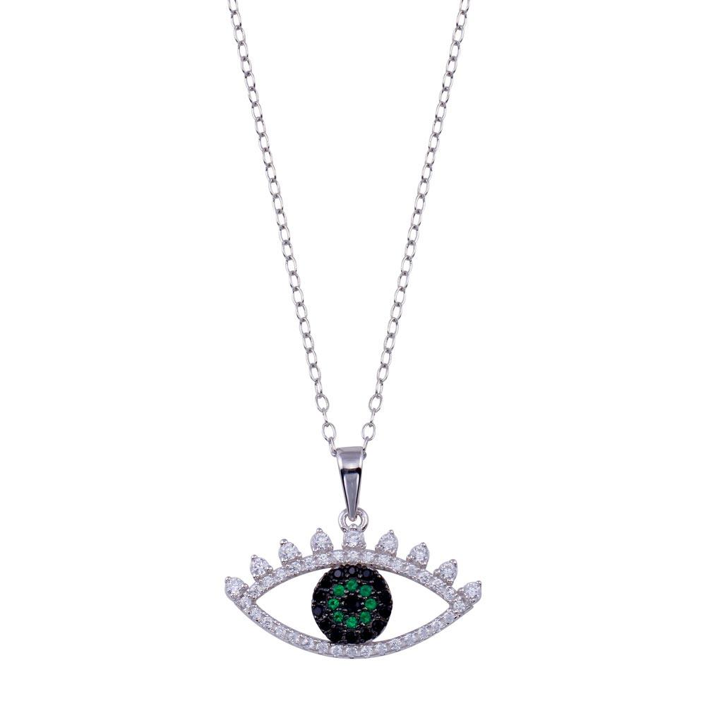 Rhodium Plated 925 Sterling Silver Clear Green CZ Evil Eye Necklace - BGP01400