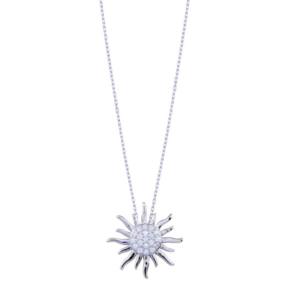 Rhodium Plated 925 Sterling Silver Clear CZ Sun Necklace - BGP01403