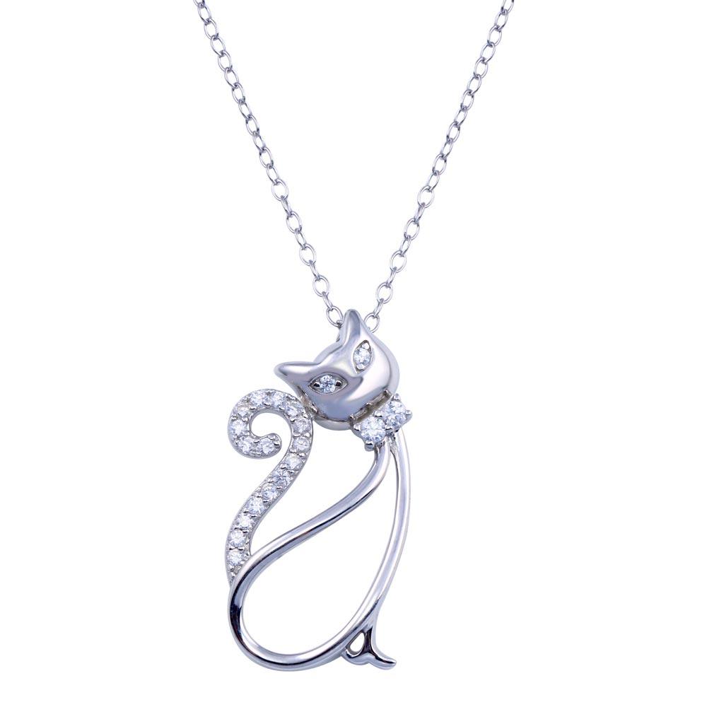 Rhodium Plated 925 Sterling Silver Clear CZ Cat Necklace - BGP01404