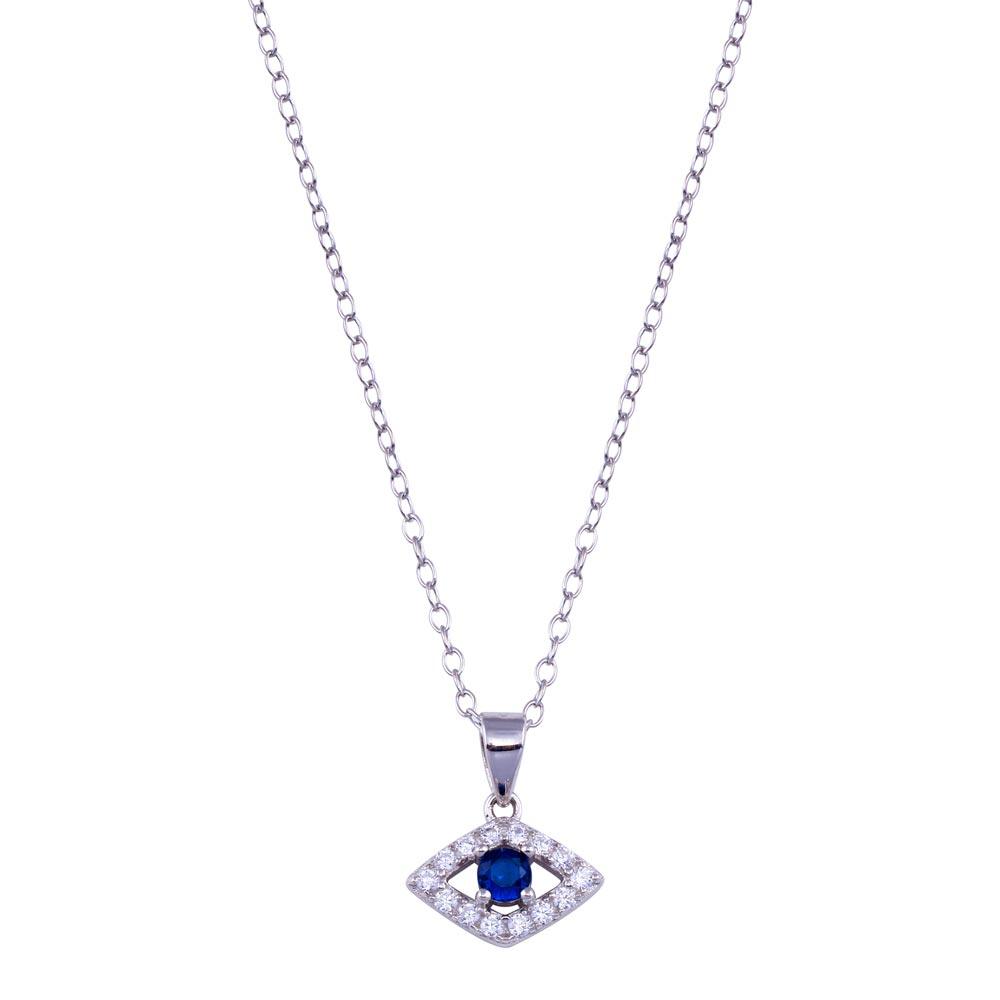 Rhodium Plated 925 Sterling Silver Clear and Blue CZ Evil Eye Necklace - BGP01408