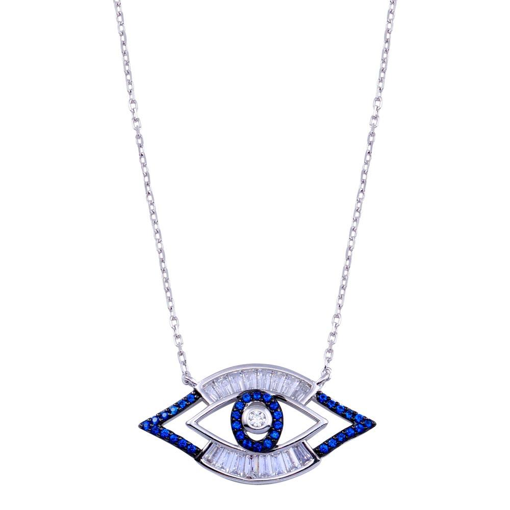 Rhodium Plated 925 Sterling Silver Clear Blue CZ Evil Eye Necklace - BGP01409