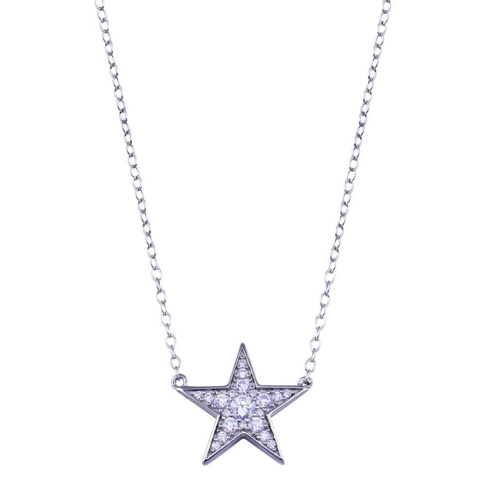 Rhodium Plated 925 Sterling Silver Clear CZ Star Necklace - BGP01410