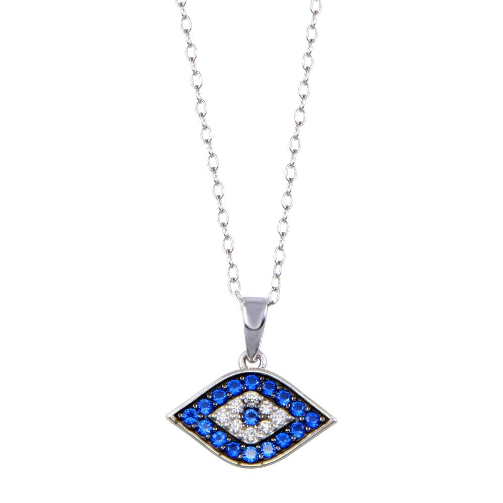 Rhodium Plated 925 Sterling Silver  Evil Eye Blue and Clear CZ Necklace - BGP01411