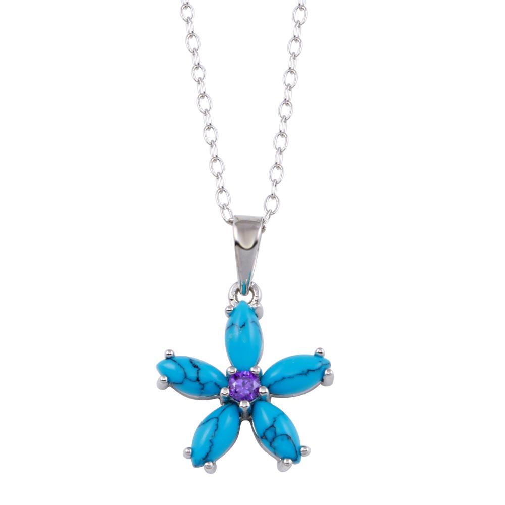 Rhodium Plated 925 Sterling Silver Turquoise Flower and Purple CZ Necklace - BGP01412