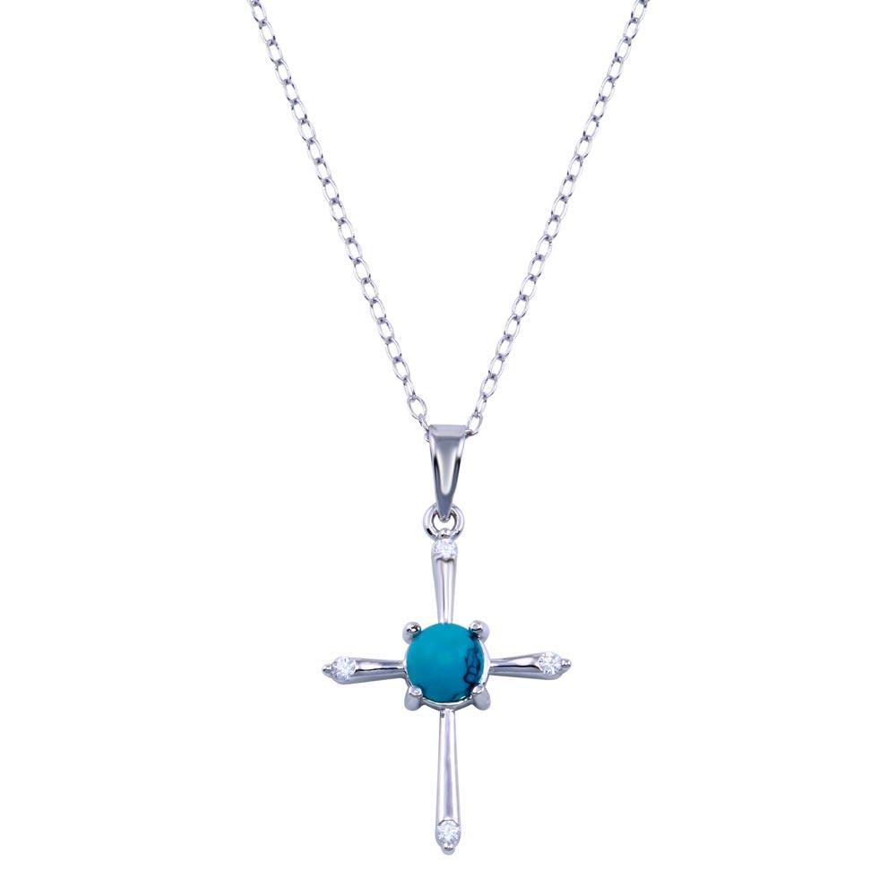 Rhodium Plated 925 Sterling Silver Cross Turquoise CZ Necklace - BGP01415