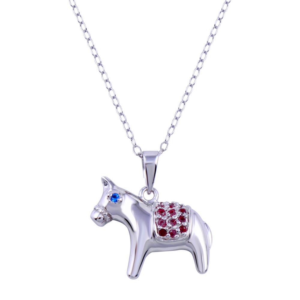 Rhodium Plated 925 Sterling Silver Donkey Red and Blue CZ Necklace - BGP01417