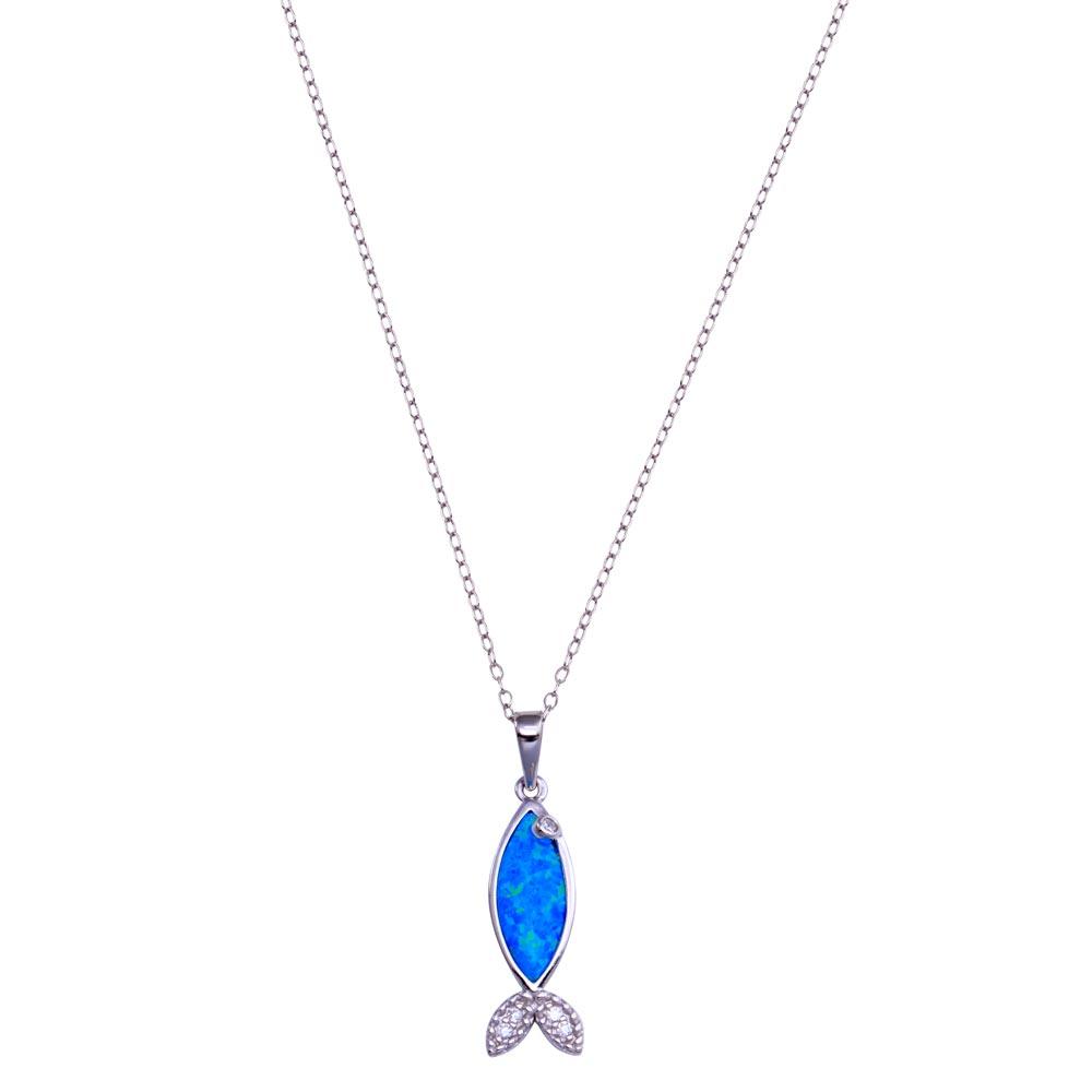 Rhodium Plated 925 Sterling Silver Blue Opal Fish CZ Necklace - BGP01418