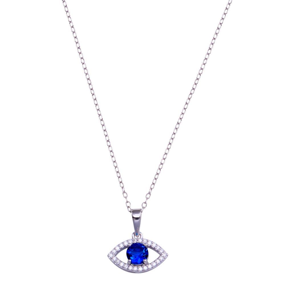 Rhodium Plated 925 Sterling Silver Evil Eye Blue CZ Necklace - BGP01419