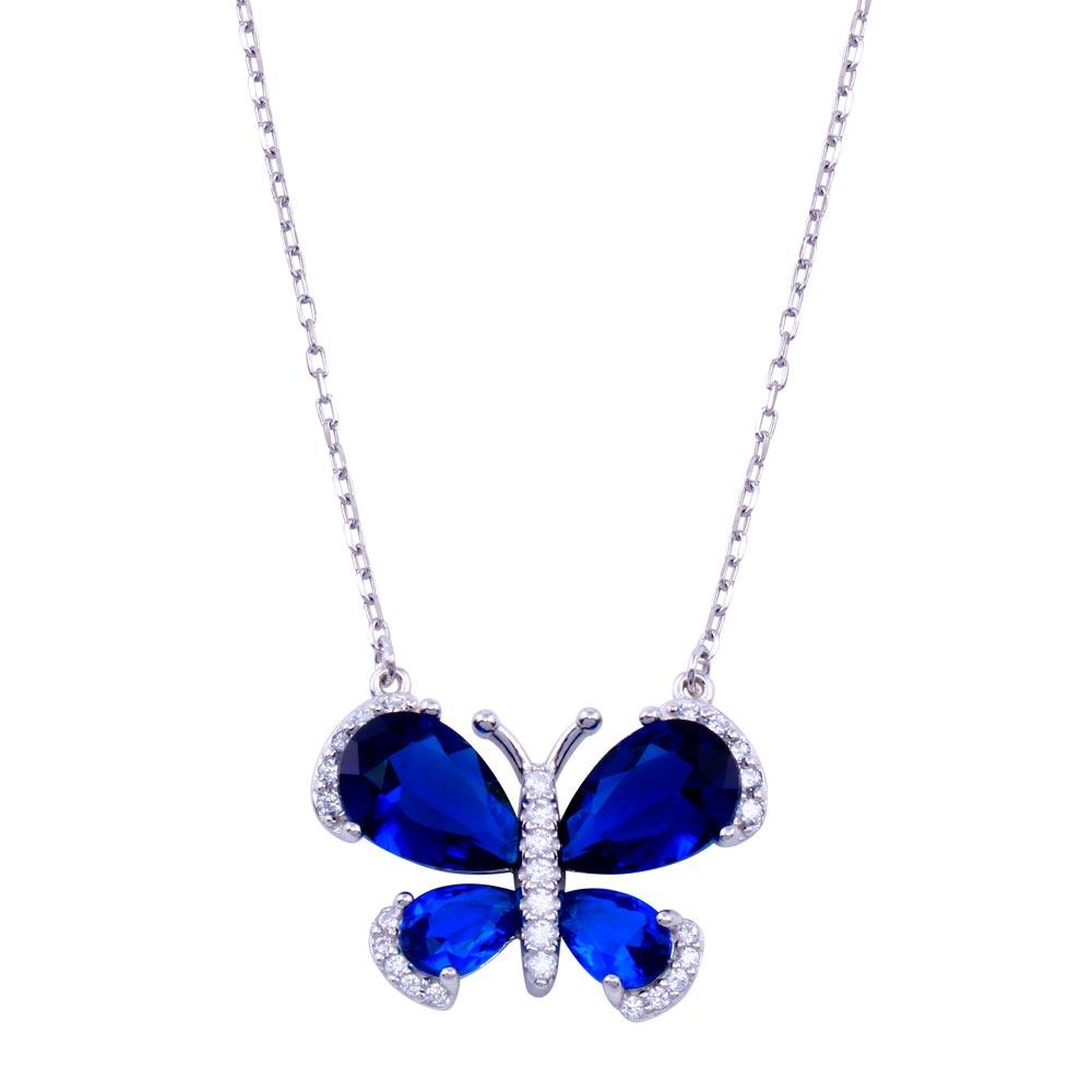 Rhodium Plated 925 Sterling Silver Butterfly Clear and Blue CZ Necklace - BGP01421