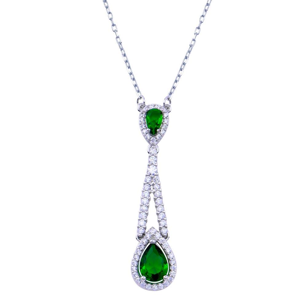 Rhodium Plated 925 Sterling Silver Teardrop Green CZ Necklace - BGP01423