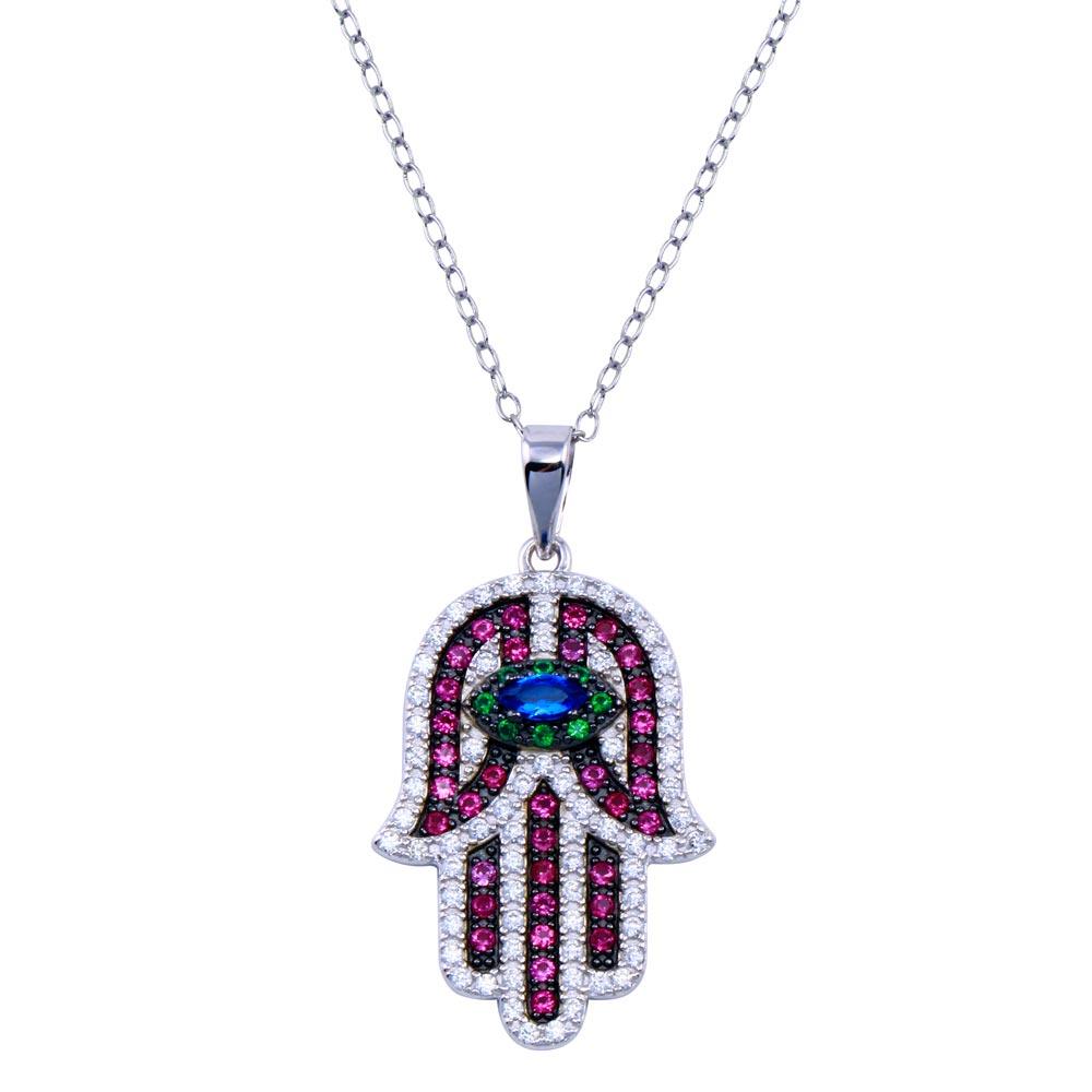 Rhodium Plated 925 Sterling Silver Hamsa Multicolor CZ Necklace - BGP01426